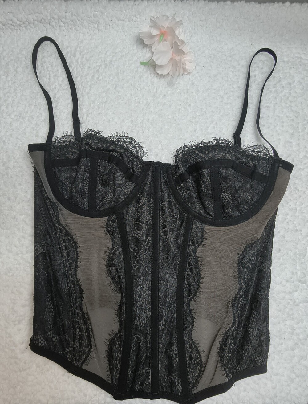 Black Lace Bustier Corset with Sheer Nude Underlay - Women Intimates